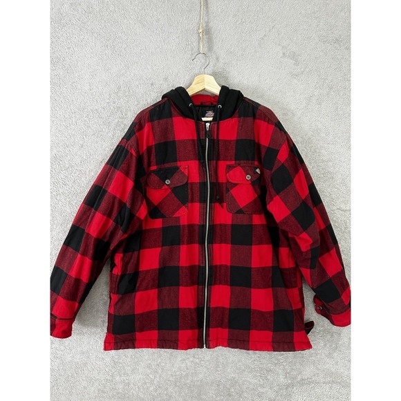 Authentic Dickies Flannel Hooded Red Plaid Quilted Full Zip Jacket Hoodie XL - Picture 1 of 13